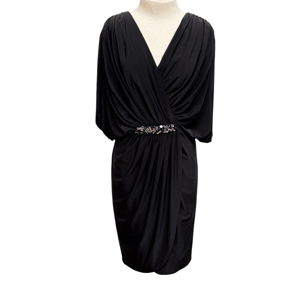 Tadashi Shoji Draped Ruched Cocktail Dress Women Large Black Formal Embellished